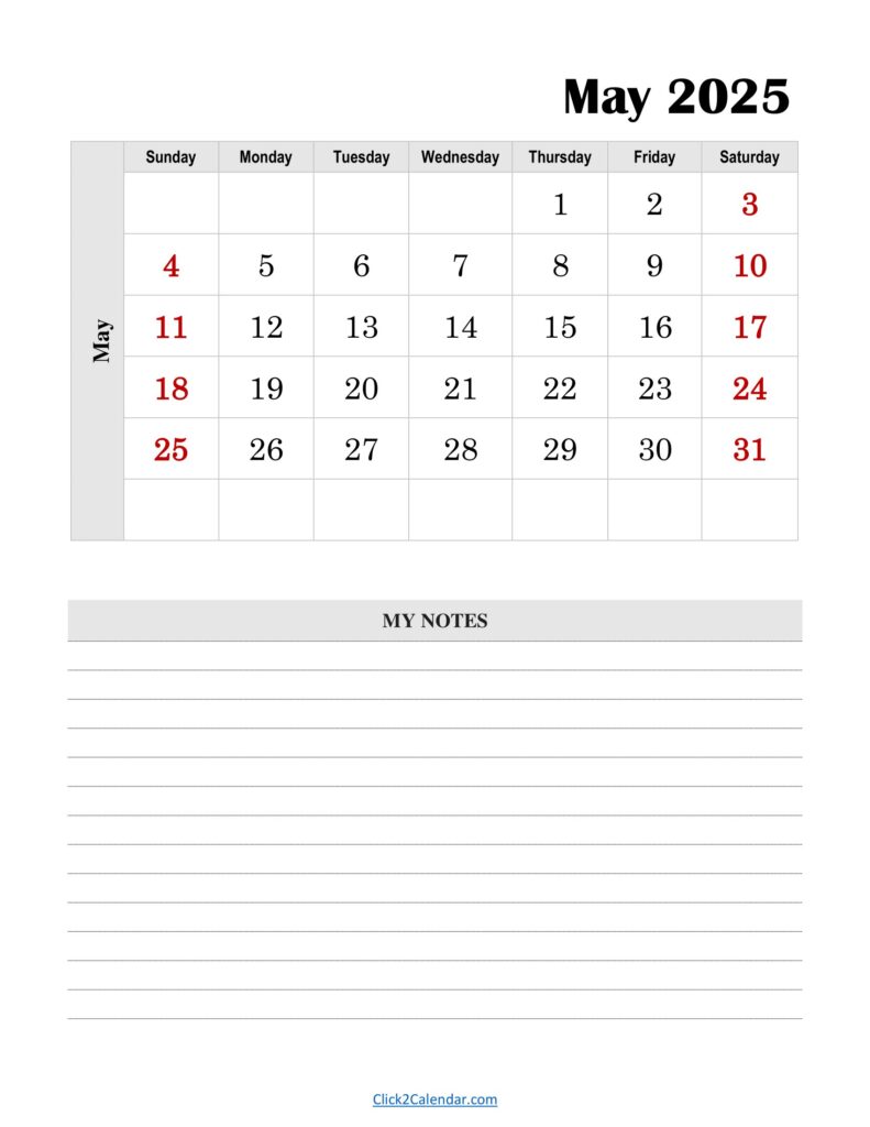 May 2025 Calendar Vertical With Notes