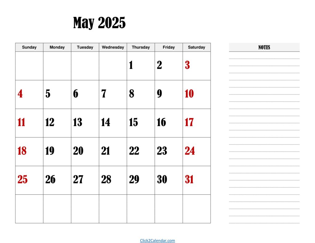 May 2025 Landscape Calendar with Notes