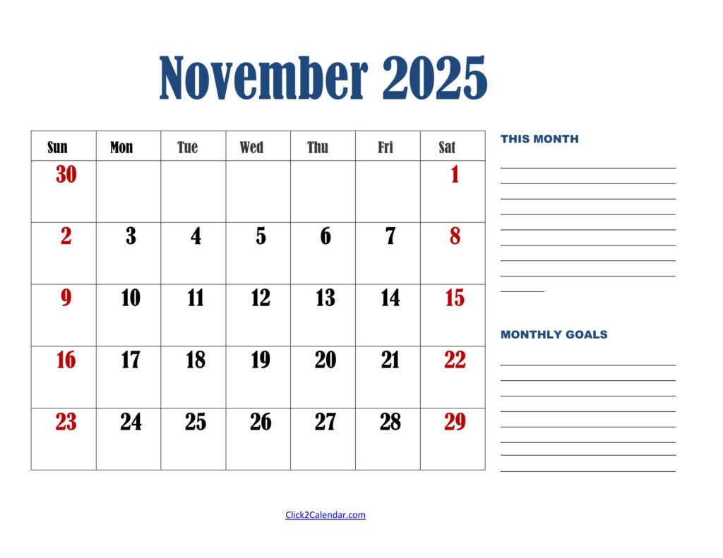 November 2025 Calendar Landscape with Goals