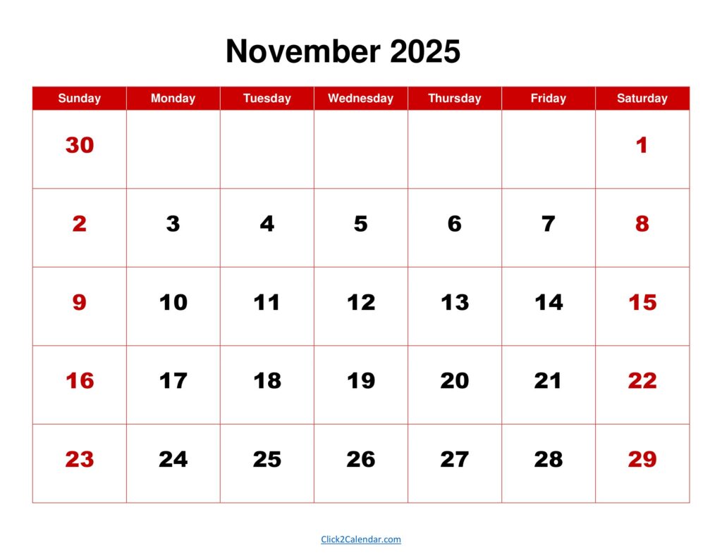November 2025 Calendar Red Background