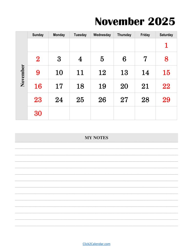 November 2025 Calendar Vertical With Notes