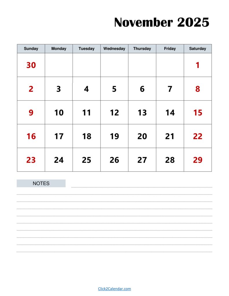 November 2025 Calendar with Notes Portrait