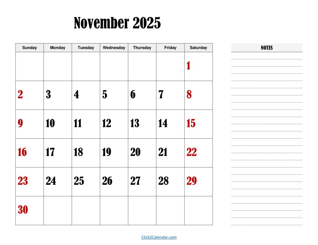 November 2025 Landscape Calendar with Notes