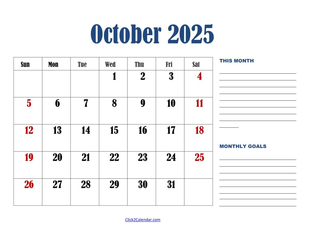 October 2025 Calendar Landscape with Goals
