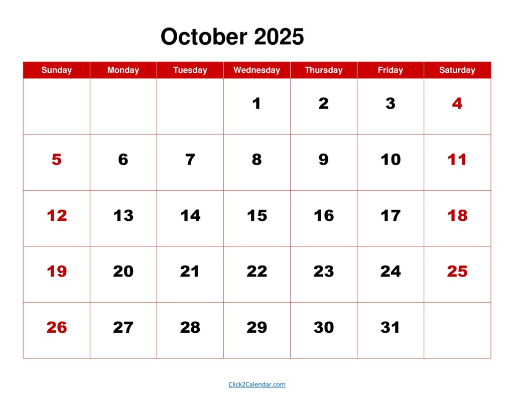 October 2025 Calendar Red Background