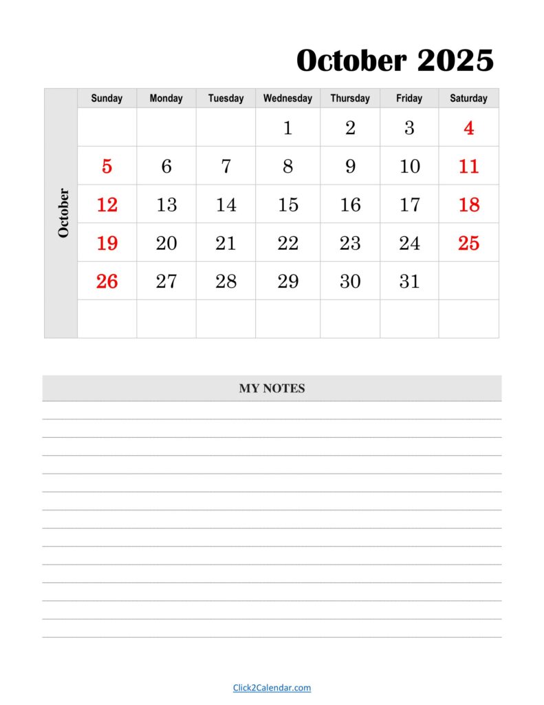 October 2025 Calendar Vertical With Notes