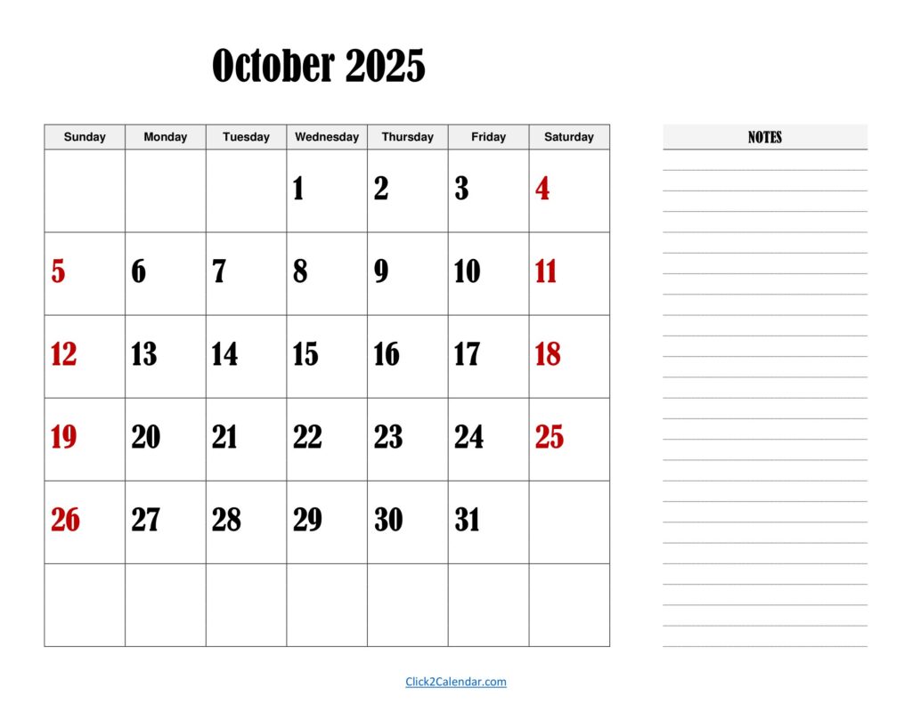 October 2025 Landscape Calendar with Notes