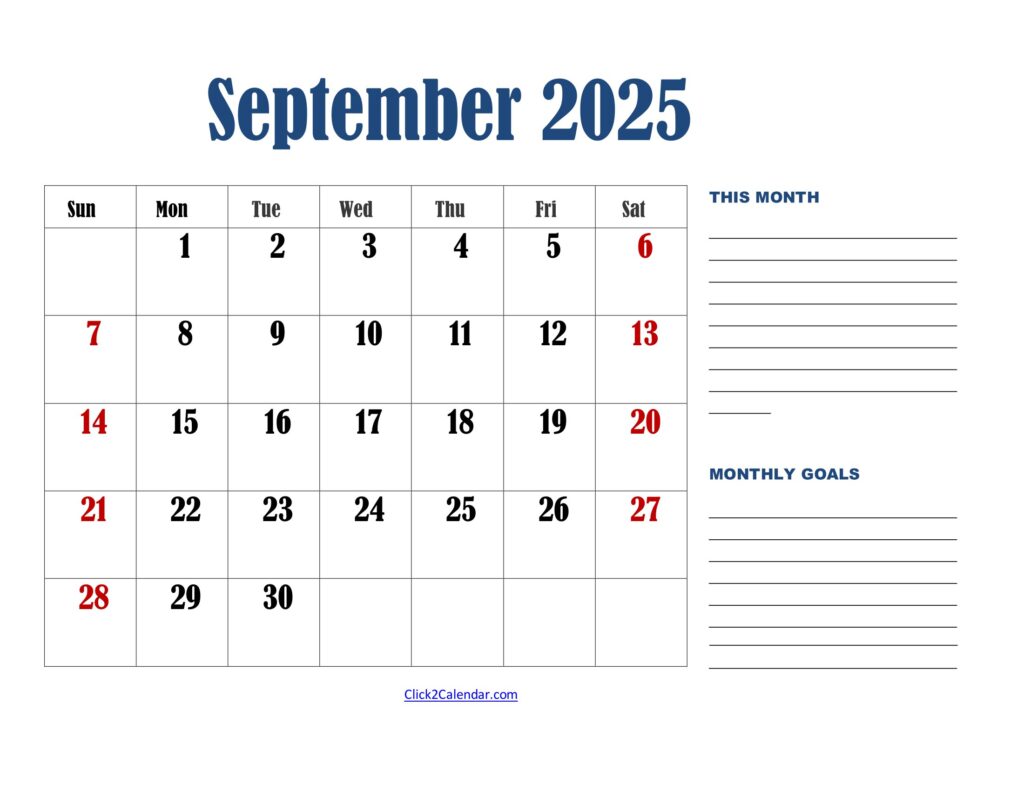 September 2025 Calendar Landscape with Goals