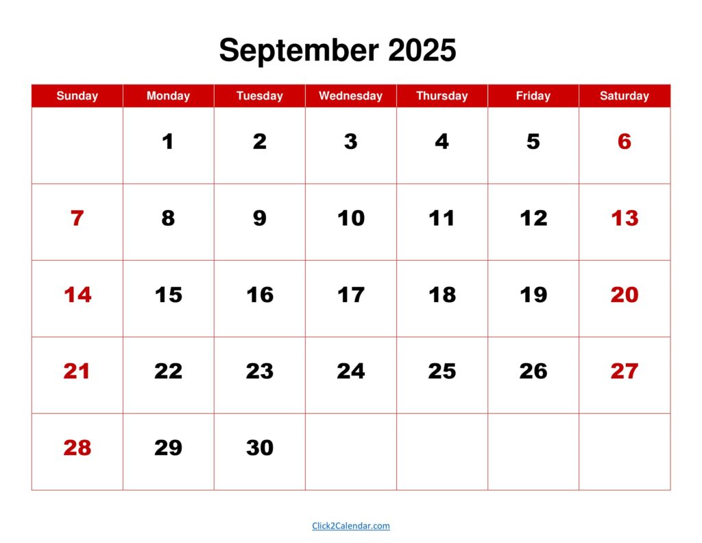 September 2025 Calendar Red Background