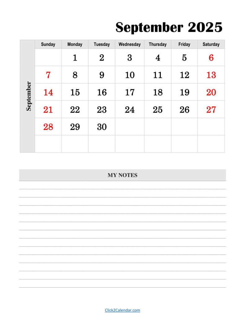 September 2025 Calendar Vertical With Notes