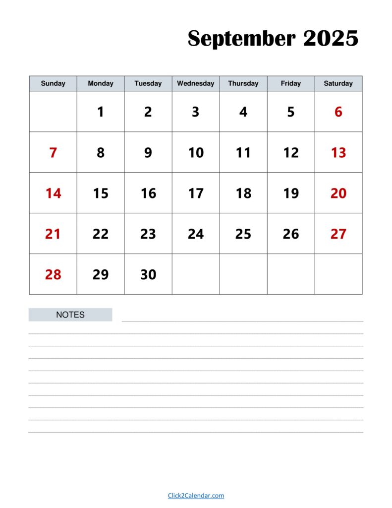 September 2025 Calendar with Notes Portrait