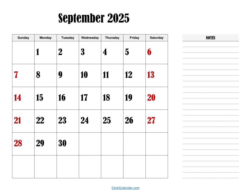September 2025 Landscape Calendar with Notes